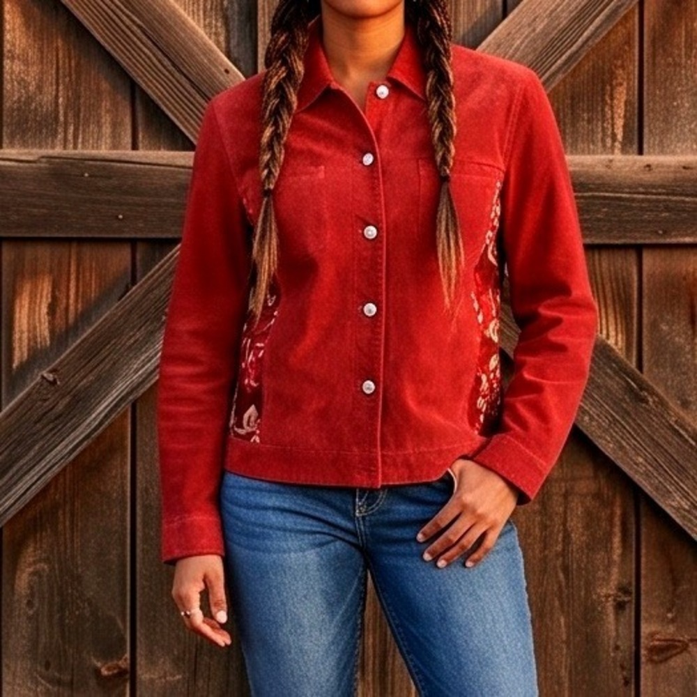 Denim & Co L Y2K Red Leather Jacket Floral Print Cotton Trim Southwestern Large